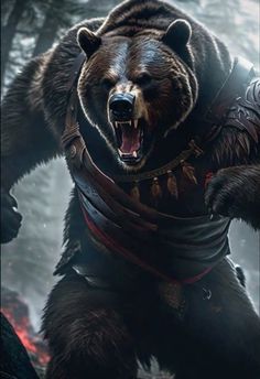 a bear dressed in armor with its mouth open