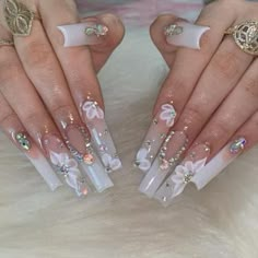 Short Quinceanera Nails, Graduation Nails Acrylic 2023, Long White Acrylic Nails Rhinestones, Pretty Square Nails Long, White Quince Nails, 15 Birthday Nails, Graduation Nails Ideas 2023, Nail Designs Rhinestones, White Glam Nails