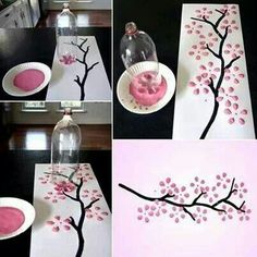 the process of painting a cherry blossom tree with acrylic paint and paper plates