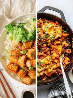 two pictures side by side one has chicken and the other has broccoli in it