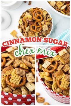 cinnamon sugar chex mix in a red and white polka dot bowl with the title above it