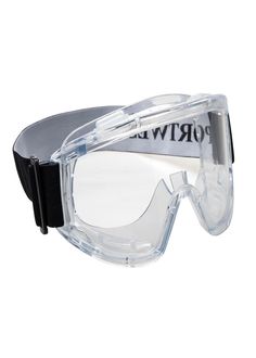 the safety goggles are clear and have black straps