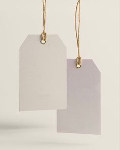 two tags hanging from twine with rope on white background, mockup for product display