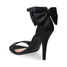 Black High Heels With Bow, Heels With Bows On Back, Snow Dance, Black Heels With Bow, Heels With Bows, Red Lip Classic, Cotillion Dresses, Black Lace Heels, Black Satin Heels