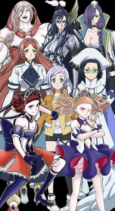 an anime group with many different outfits and hair styles, all dressed in various colors