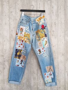 "Ready to send:Size-34 unique vintage jeans One of a kind.. Hand made embroidery and unique patches. ---Or---- Made to order, in any size, within 15 working days . If you need different size, please send me a message and I will make you a special and unique design within 15 working days. They are all different! No one will have the same one as you have! Hand painted, one of kind jeans. You pick your size, model (slim- boyfriend- high waist- low waist) and primer color and you will get your singu Emboridary Designs Jeans, Patch Work Clothes, Diy Patchwork Jeans, Patch Work Jeans, Painting Jeans, Jeans With Patches, Painted Clothing, Dolce And Gabbana Jeans, Patch Jeans