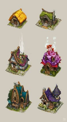 six houses with different types of roofs and windows, all in different shapes and sizes