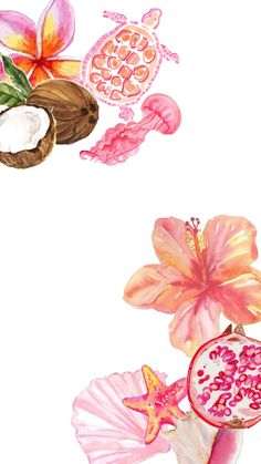 watercolor painting of tropical flowers and coconuts