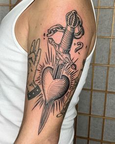 Heart Dagger Tattoo, Tato Tradisional, Hipster Tattoo, Woodcut Tattoo, Engraving Tattoo, Knife Tattoo, Chest Tattoos For Women, Dagger Tattoo, Traditional Tattoo Art