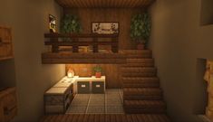 the interior of a house in minecraft with stairs leading up to the second floor