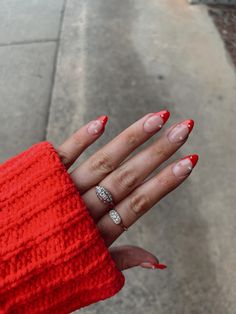 Red French And Pearls, Red Christmas Nails With Pearls, Red French Tip Nails Almond With Pearls, Summer Red French Nails, Red French With Diamonds, Red Nails With Pearls On Them, Red Tip Nails With Pearls, Red French Pearl Nails, Red Tips Christmas Nails