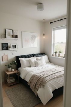 a bedroom with a bed, window and rug