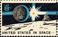 a postage stamp with an image of the moon and space shuttle on it's surface