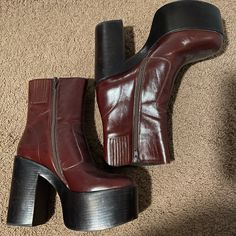 Great Condition. Use Twice. Color Is Like Wine/ Cherry Cola. Square Platform Boots, Platform Boots Outfit Grunge, 70s Boots Outfit, Harry Concert Outfit Ideas, 70s Platform Boots, Red Heeled Boots, Red Platform Boots, Platform Boots Outfit, Platform Heeled Boots