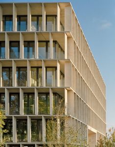 a tall building with lots of windows next to some trees and bushes in front of it