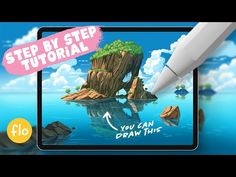 an animated video game showing how to draw a cartoon island in the water with a pen