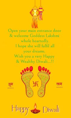 happy diwali greeting card with feet in the air and words on yellow background