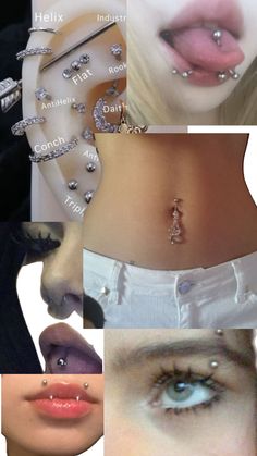 multiple pictures of different types of piercings on the side of women's stomach