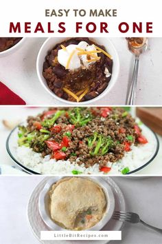 four different meals are shown with the words easy to make meals for one on top