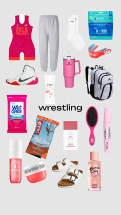 the words wrestling are surrounded by various items such as shoes, handbags, and makeup