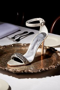 Manolo's served on a silver platter, yes please! Shoes Photoshoot, Heart Shoes, Strappy Sandals Heels, Boot Brands, Ladies Shoes, Men's Apparel, Shoe Closet