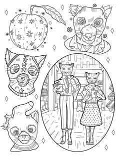 an adult coloring page with three cats and two dogs in the background, one cat is holding