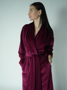 All my robes - https://www.etsy.com/shop/HBStyleEU Women's elegant velvet robe from 100% organic cotton. Beautiful, well made robe that is so soft and luxurious. With pockets and long sleeves. Made of very soft and pleasant to the body velvet. It is really warm and cozy. Perfect gift for your loved ones. - 100% Organic cotton. - 100% Handmade, cut and sewn with all care and on good equipment to order in our studio. - If you want a robe with pockets, but so that the stitching is not visible, writ Floor Length Robe, Robe For Women, Dressing Gown Robe, Women's Robe, Pajama Robe, Womens Robes, Dressing Gown, Cotton Velvet, Floor Length