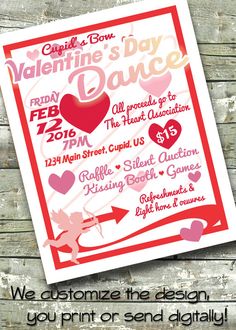 valentine's day dance flyer with hearts and arrows on the front, as well as an arrow