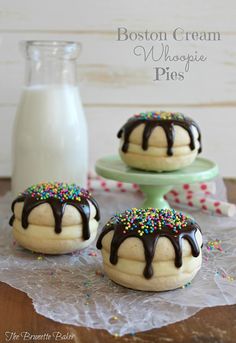 boston cream whoopie pies with chocolate drizzle and sprinkles