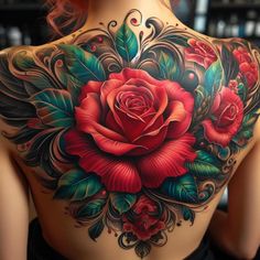 the back of a woman's shoulder with flowers and leaves painted on it,