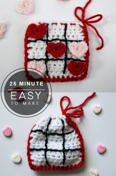 two crocheted bags with hearts on them