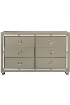 a grey dresser with four drawers and two doors on the front, one door open