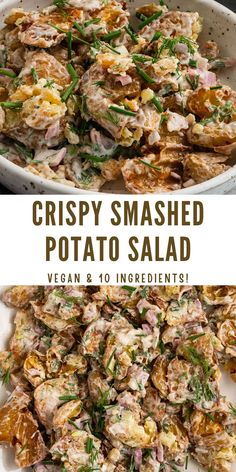 crispy smashed potato salad in a white bowl with the title overlay above it