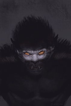 an evil creature with orange eyes and black fur on it's head, standing in front of a dark background