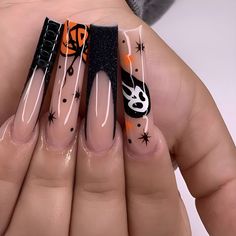 Black Ghost, Halloween Fest, Halloween Press On Nails, Long Square Acrylic Nails