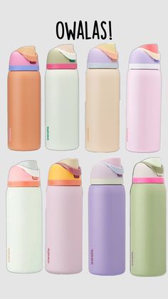 there are many different colors of thermos on this page, including pink, yellow, green, and blue