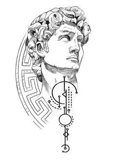 a black and white drawing of a man's head with an intricate design on it