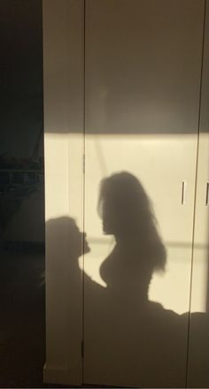 the shadow of a woman's head is cast on a cabinet in an office