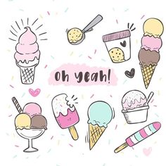 an assortment of ice creams with sprinkles and hearts on the white background