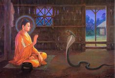 a painting of a monk sitting in front of a snake