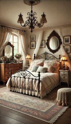 a bed room with a neatly made bed and a chandelier