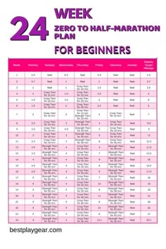 the printable 24 week zero to half marathon plan for beginners is shown in pink