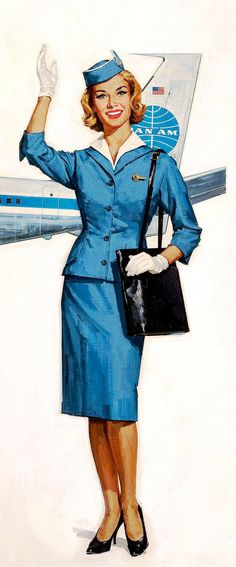 a woman in blue uniform standing next to an airplane with her hand on her hip