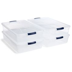 two plastic storage bins with lids on each one and the other side open to show it