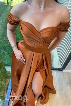 Style: 18774 Closure: Zipper Details: Off-Shoulder, Sleeveless, Ruched, Thigh Slit Fabric: Satin Neckline: Off-Shoulder Silhouette: A-Line Brown Evening Dresses, Brown Dresses Formal, Orange Satin, فستان سهرة, Dress Satin, Evening Party Dress, Long Prom Dress, Orange Dress, Formal Evening Dresses