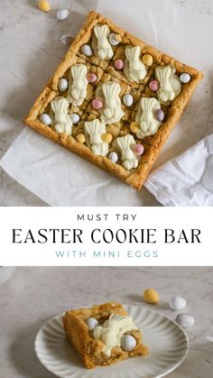 an easter cookie bar with white chocolate and marshmallows in the middle on a plate