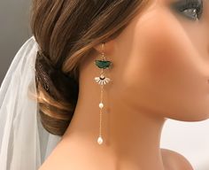 Adjustable Pearl Earrings For Wedding, Adjustable Teardrop Pearl Earrings For Wedding, Green Pearl Drop Jewelry For Wedding, Handmade Green Crystal Earrings For Wedding, Green Teardrop Pearl Earrings For Wedding, Green Drop Pearl Earrings For Wedding, Green Pearl Drop Wedding Jewelry, Handmade Green Crystal Wedding Earrings, Green Intricate Design Bridal Drop Earrings