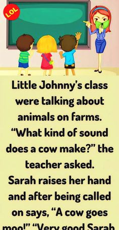 an image of children in front of a blackboard with the words, little johnny's class were talking about animals on farms