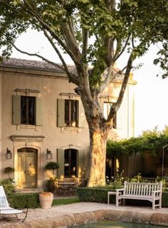 a white bench sitting in front of a tree near a building with shuttered windows