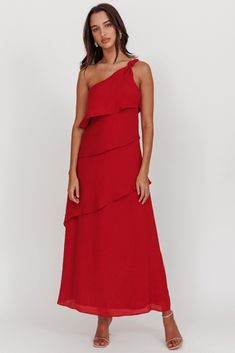 Delwyn One-Shoulder Maxi Dress Red Pink Dress Shoes, Maxi Dress Red, Red Maxi Dress, A Line Maxi Dress, Brunch Dress, Grad Dresses, Dinner Date, Iron Material, Date Night Dresses